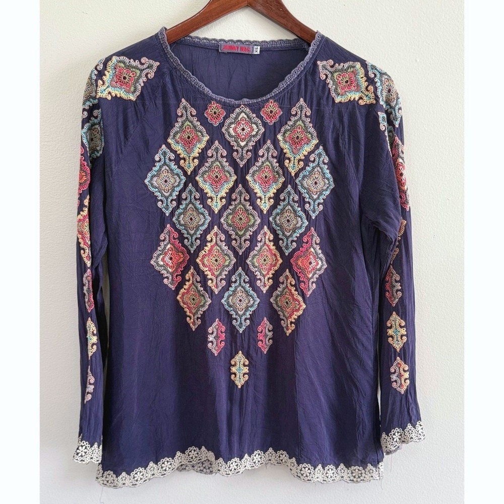 Johnny Was Women's Blue‎ Kikumi Embroidered Light Weight Long Sleeve Tunic Sz XS